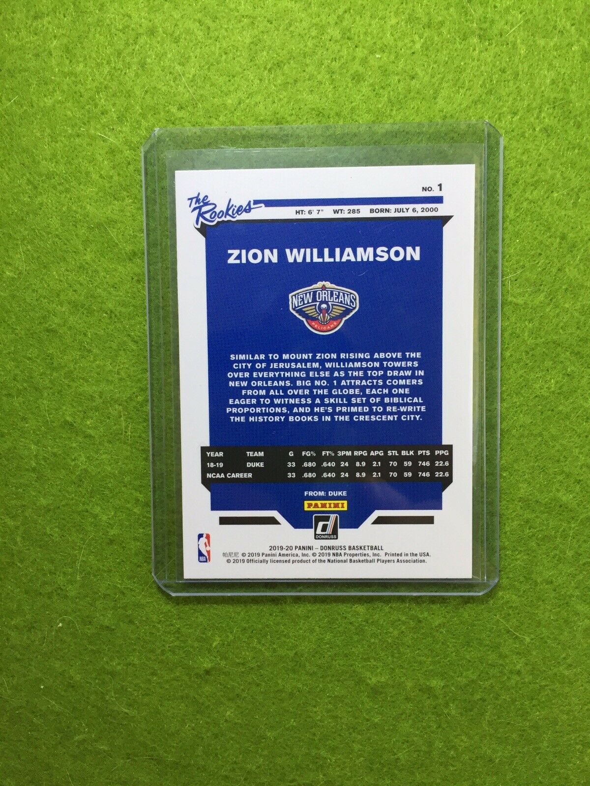 ZION WILLIAMSON ROOKIE CARD JERSEY #1 PELICANS RC 2019-20 Panini Donruss ROOKIES
