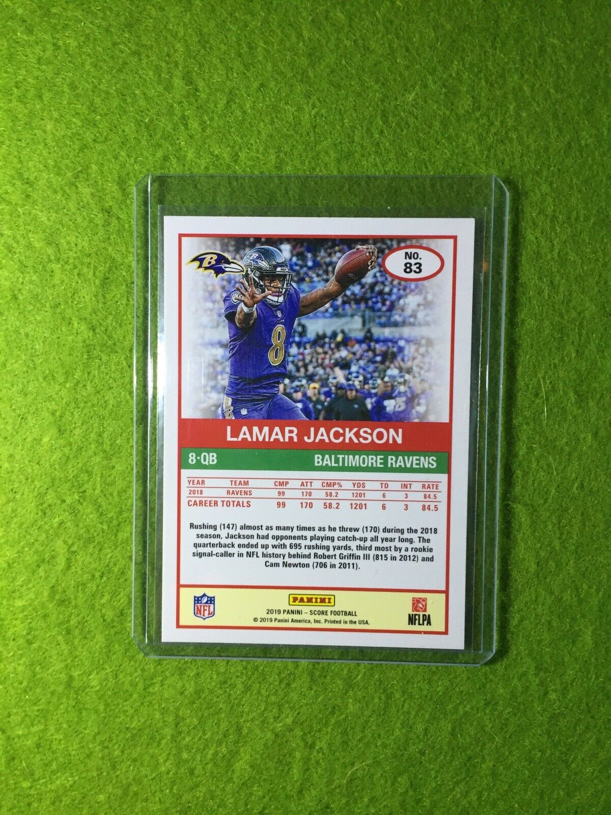 LAMAR JACKSON CARD JERSEY #8 BALTIMORE RAVENS QB 2019 Panini Score Football #83