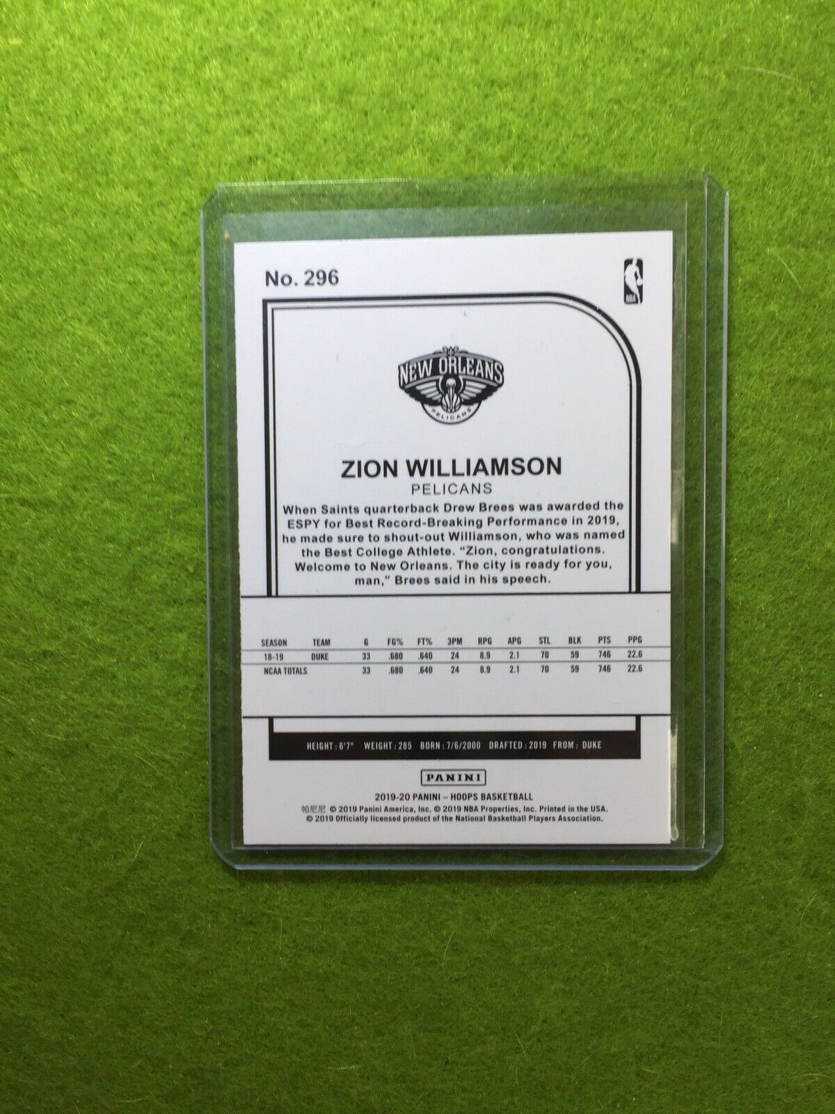 ZION WILLIAMSON ROOKIE CARD JERSEY #1 PELICANS SP RC 2019-20 Panini Hoops WINTER