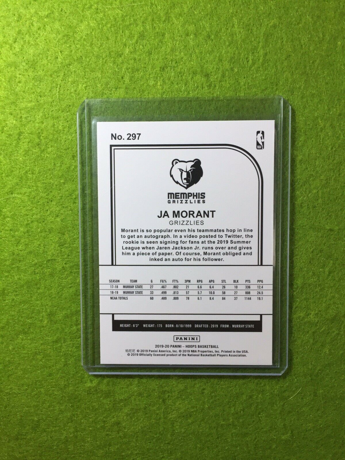 JA MORANT ROOKIE CARD JERSEY #12 GRIZZLIES RC 2019-20 Panini Hoops Basketball rc