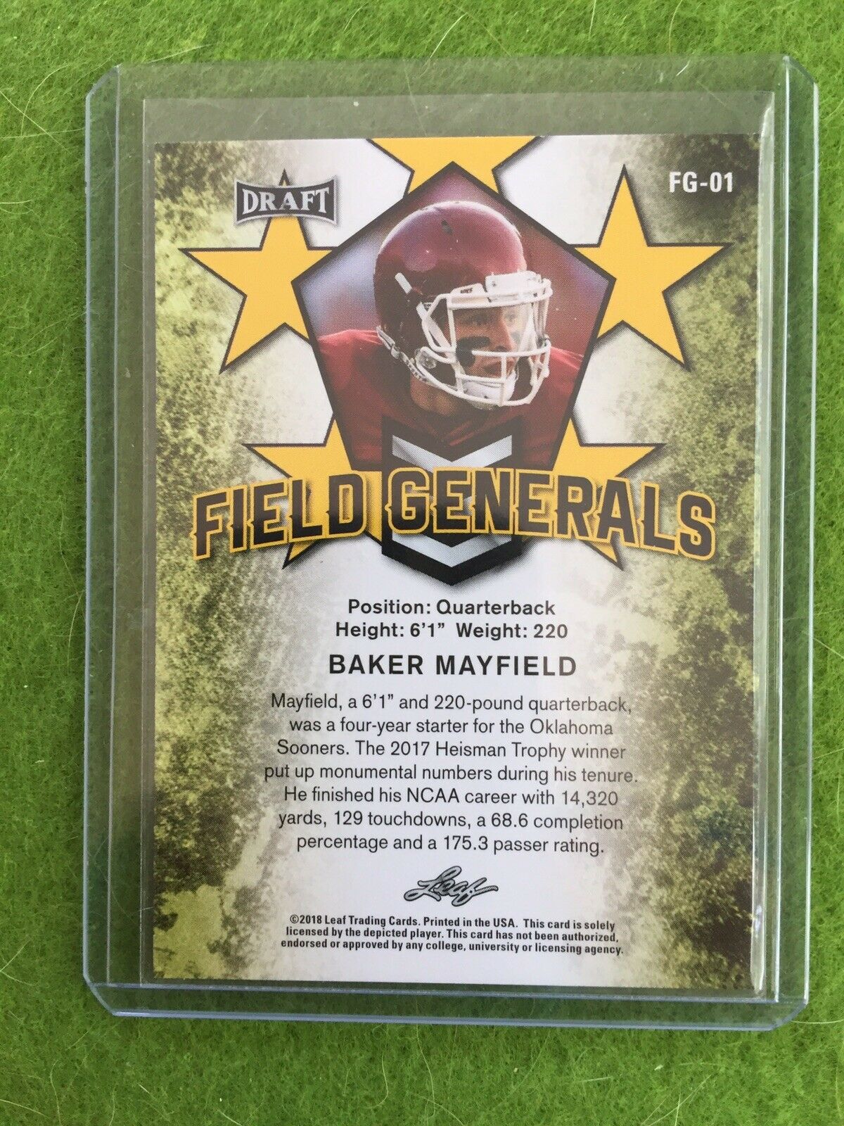 BAKER MAYFIELD ROOKIE CARD RC BROWNS JERSEY #6 OKLAHOMA 2018 Leaf Draft #FG01 SP