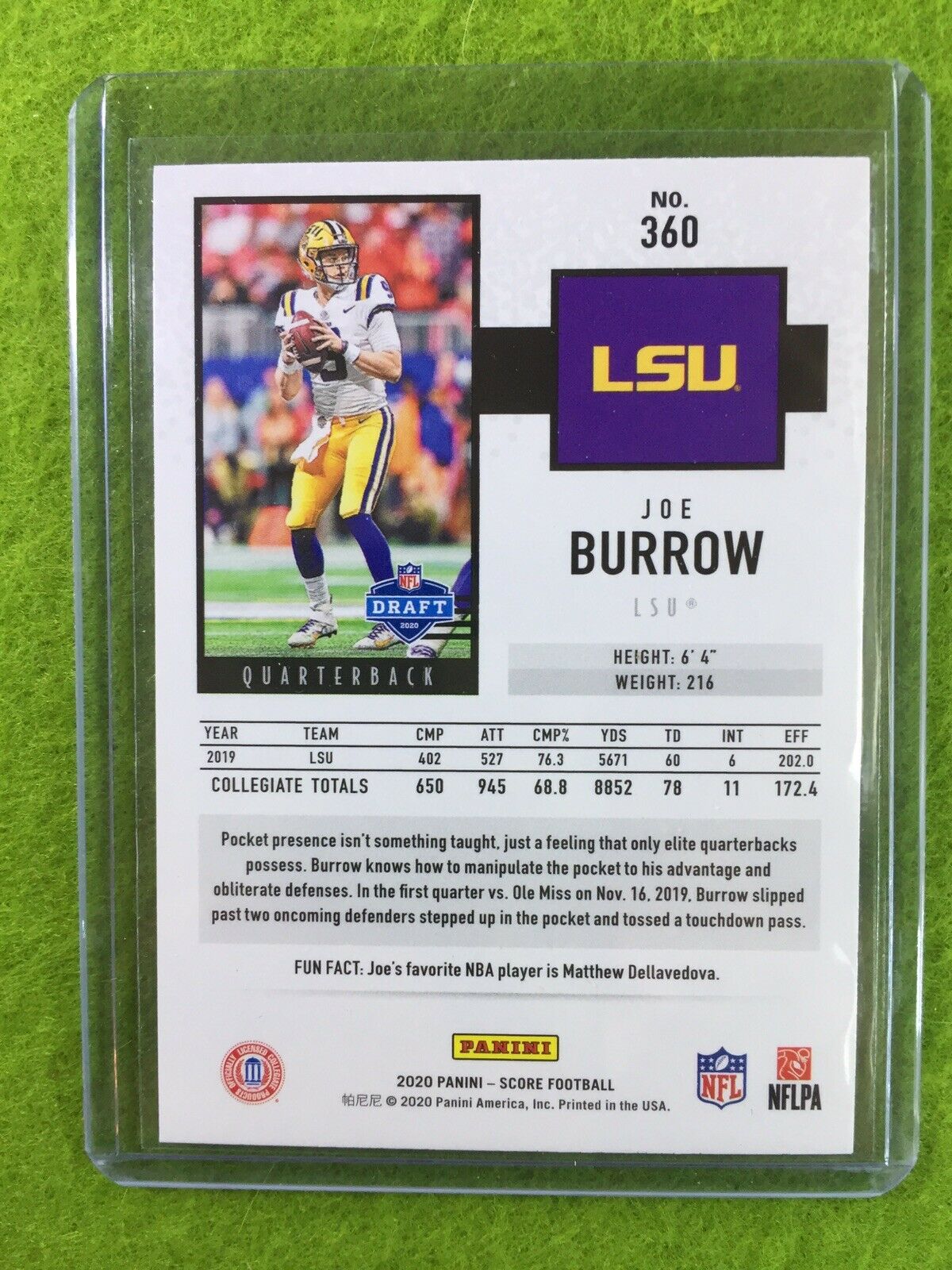 JOE BURROW ROOKIE CARD JERSEY #9 LSU TIGERS 2020 Panini Score CINCINNATI BENGALS