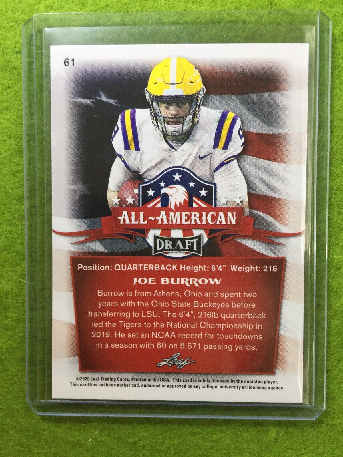 JOE BURROW ROOKIE CARD JERSEY#9 LSU RC 2020 Leaf Football All American SP INSERT