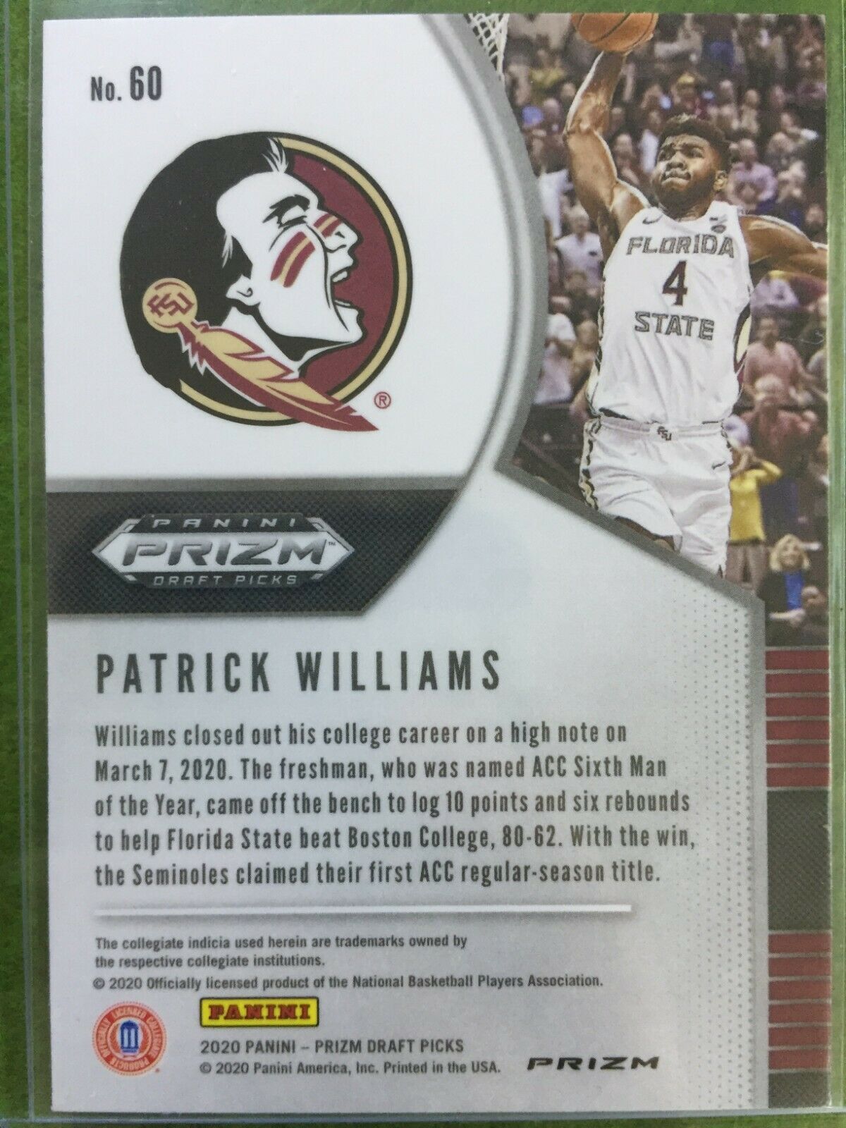 PATRICK WILLIAMS PINK ICE PRIZM ROOKIE CARD JERSEY #4 FSU RC BULLS SP 2020 Prizm