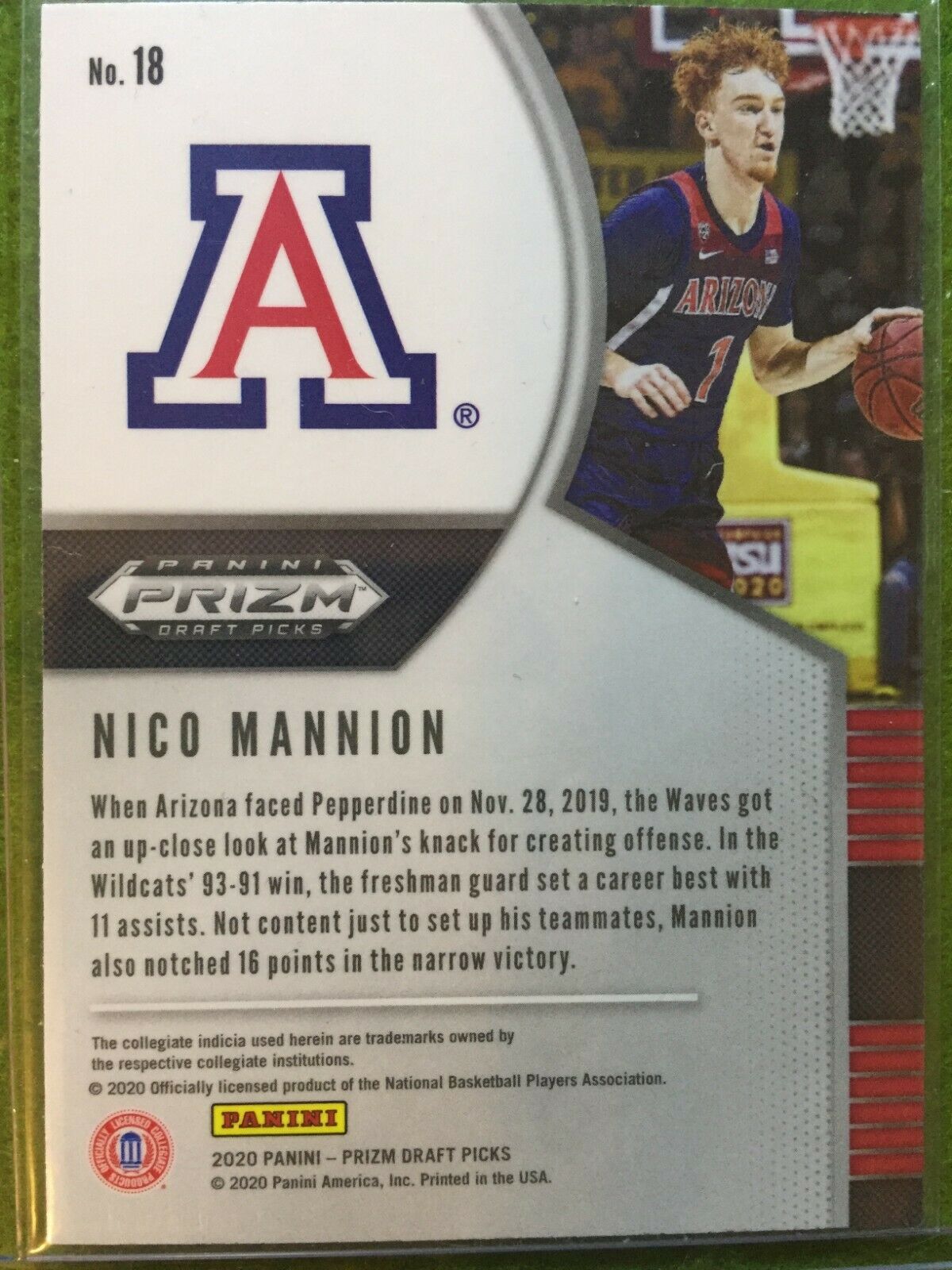 NICO MANNION PRIZM ROOKIE CARD JERSEY #1 ARIZONA RC WARRIORS - 2020 Panini Prizm