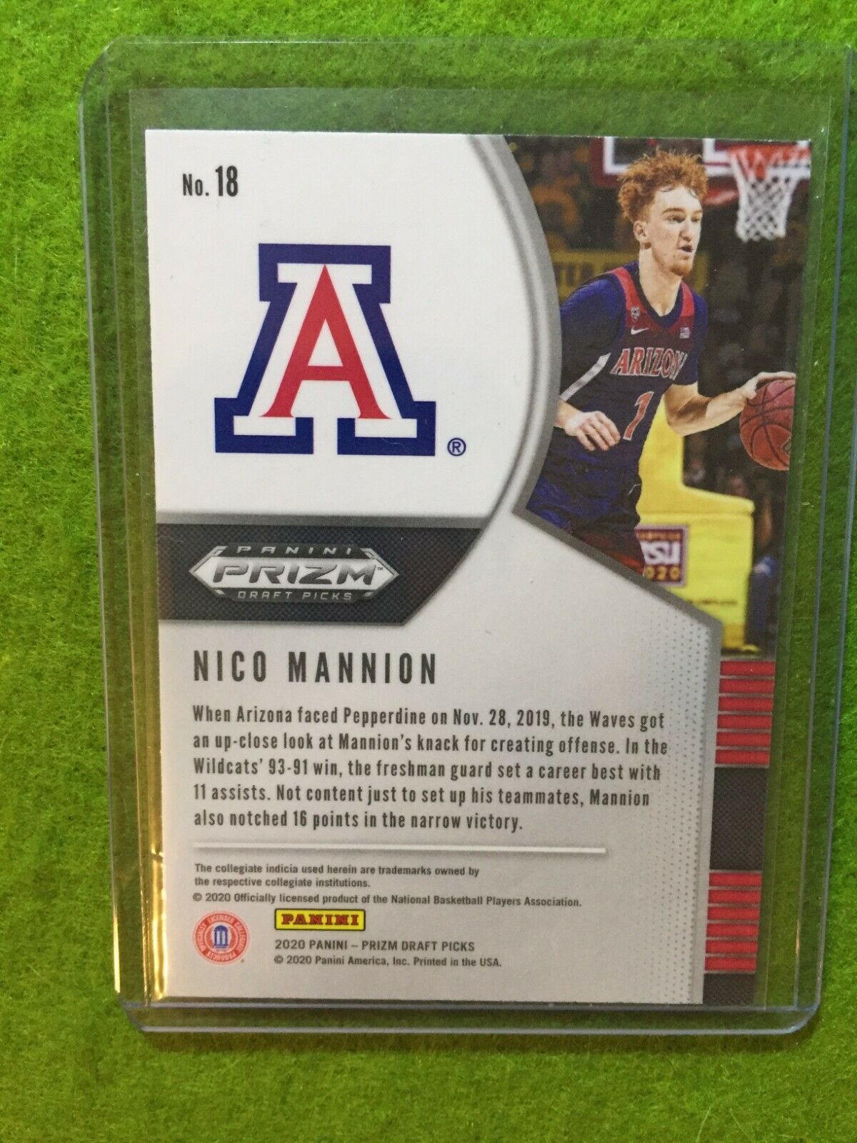 NICO MANNION PRIZM ROOKIE CARD JERSEY #1 ARIZONA RC WARRIORS - 2020 Panini Prizm