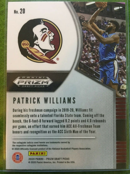 PATRICK WILLIAMS PRIZM ROOKIE CARD JERSEY #4 FLORIDA STATE RC BULLS 2020 Panini