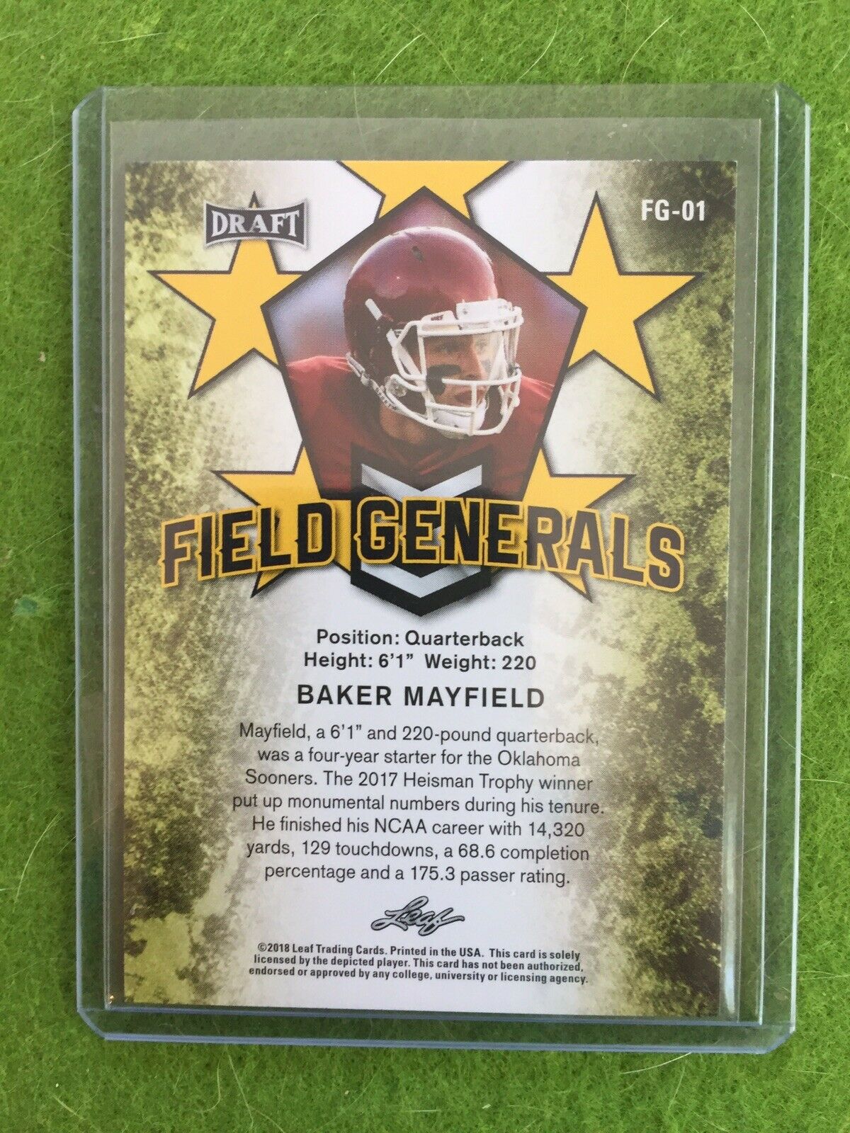 BAKER MAYFIELD ROOKIE CARD BROWNS JERSEY #6 OKLAHOMA 2018 Leaf Draft GOLD #FG-01