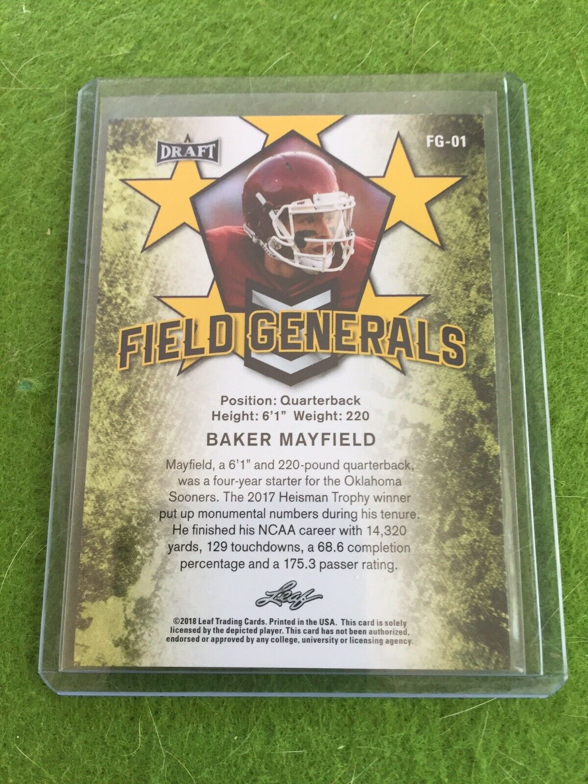 BAKER MAYFIELD ROOKIE CARD BROWNS JERSEY #6 OKLAHOMA 2018 Leaf Draft GOLD #FG-01