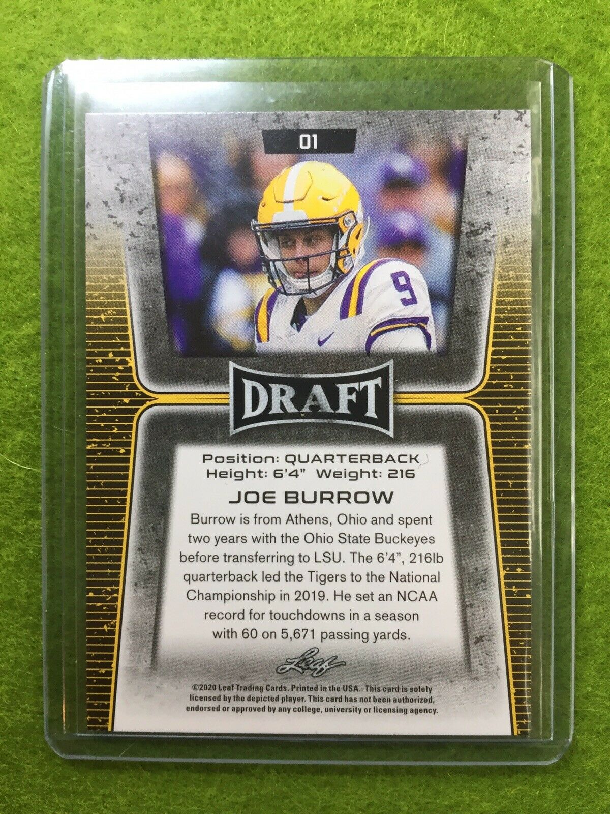 JOE BURROW ROOKIE CARD JERSEY #9 LSU GOLD RC 2020 Leaf Football BENGALS SP Gold