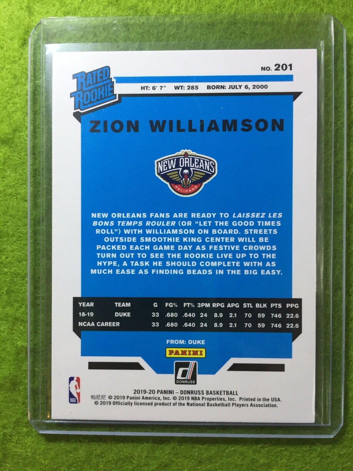 Zion Williamson ROOKIE CARD PELICANS JERSEY #1 DUKE RC 2019-20 Panini Donruss rc