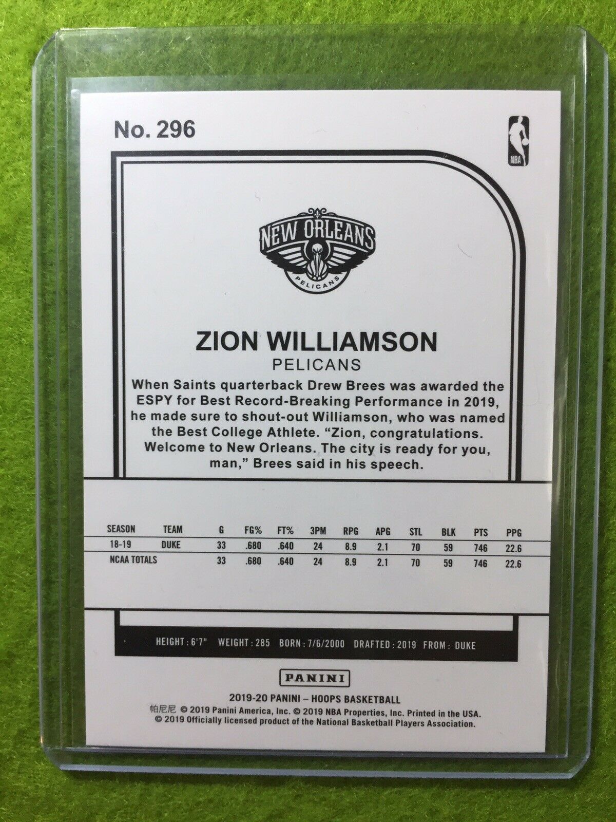 ZION WILLIAMSON ROOKIE CARD JERSEY #1 PELICANS RC 2019-20 Panini HOOPS rookie rc