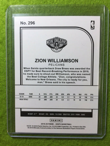 ZION WILLIAMSON ROOKIE CARD JERSEY #1 PELICANS RC 2019-20 Panini HOOPS rookie rc