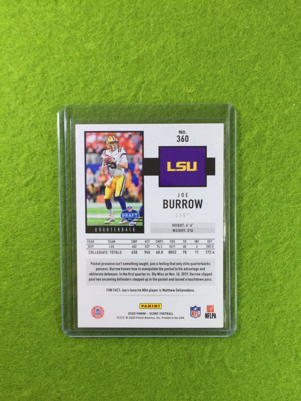 JOE BURROW ROOKIE CARD JERSEY #9 LSU TIGERS 2020 Panini Score CINCINNATI BENGALS