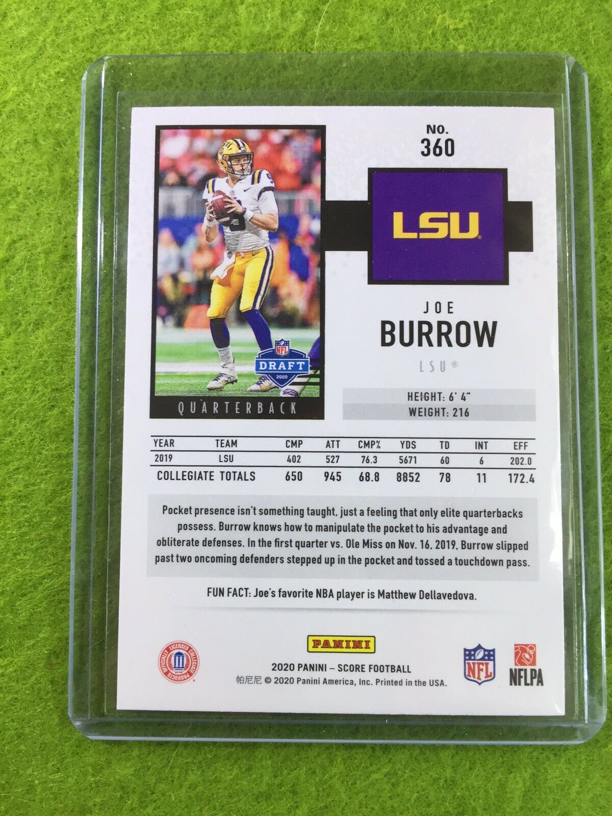 JOE BURROW ROOKIE CARD JERSEY #9 LSU TIGERS 2020 Panini Score CINCINNATI BENGALS