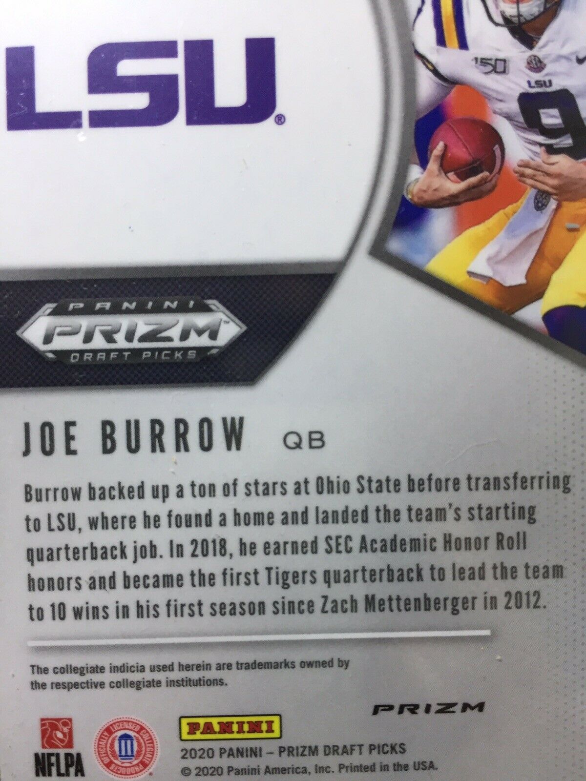 JOE BURROW PURPLE PRIZM ROOKIE CARD JERSEY #9 LSU RC 2020 Prizm DP BENGALS #1 rc