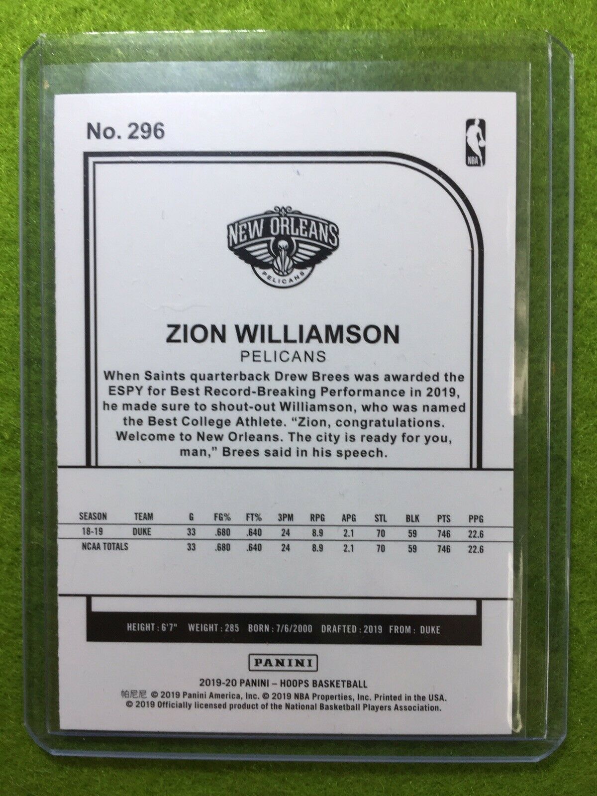 ZION WILLIAMSON ROOKIE CARD JERSEY #1 PELICANS SP RC 2019-20 Panini Hoops WINTER