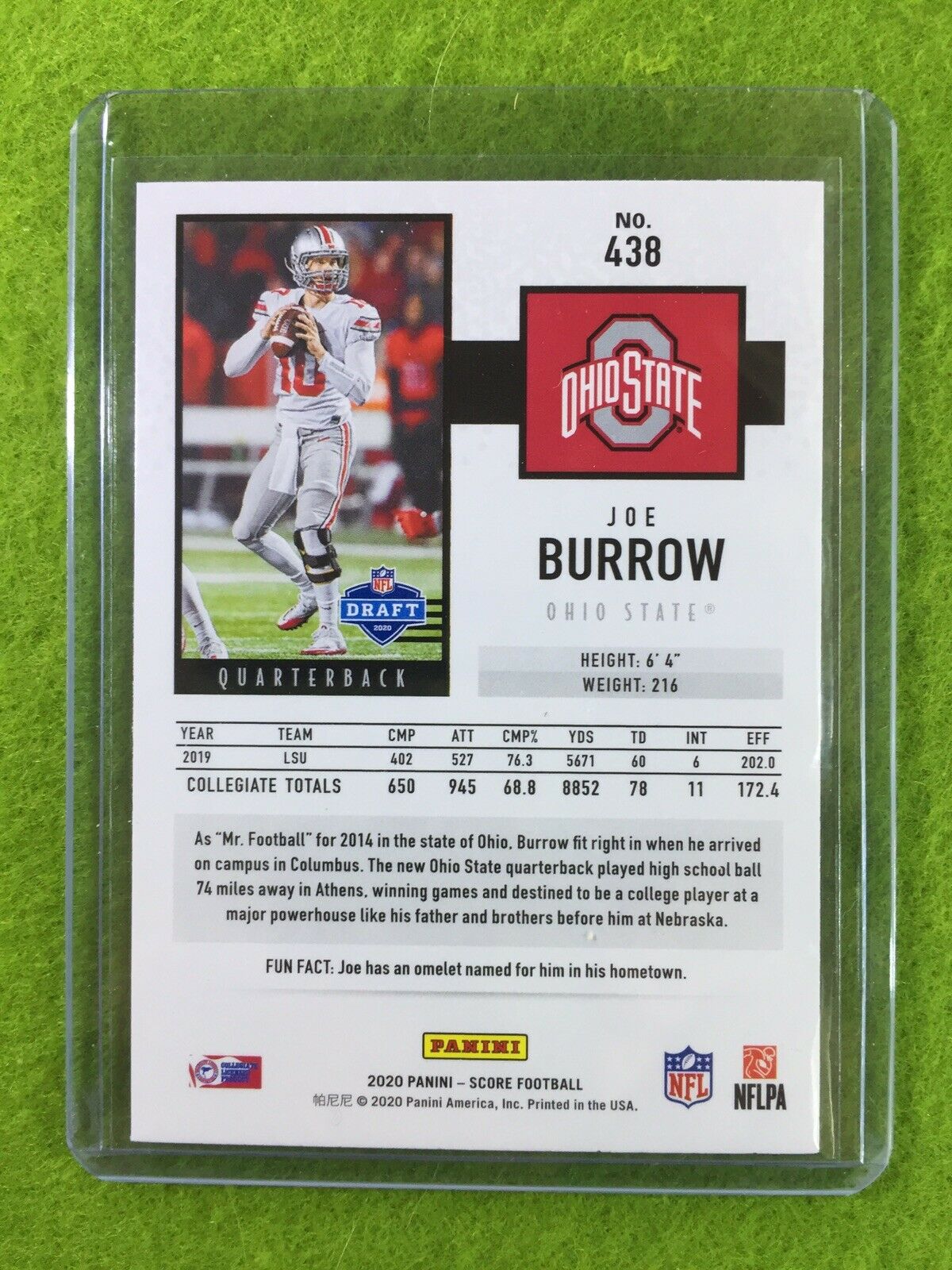 JOE BURROW ROOKIE CARD JERSEY #10 OHIO STATE RC LSU 2020 Panini Score BENGALS SP