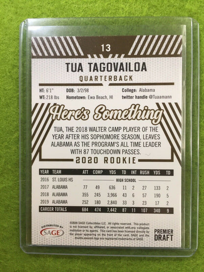 TUA TAGOVAILOA ROOKIE CARD JERSEY #13 ALABAMA RC 2020 Sage HIT Premier Draft #13