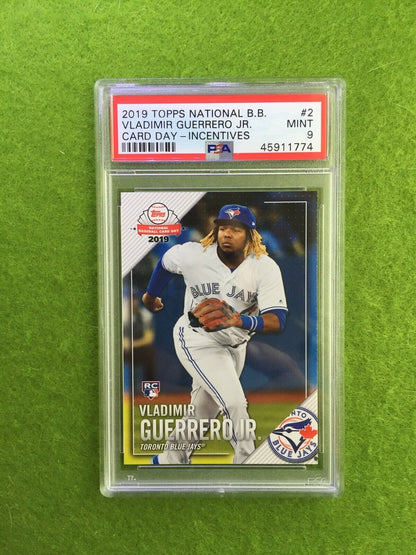 VLADIMIR GUERRERO JR ROOKIE CARD JERSEY #27 BLUE JAYS PSA 9 MINT RC - 2019 TOPPS