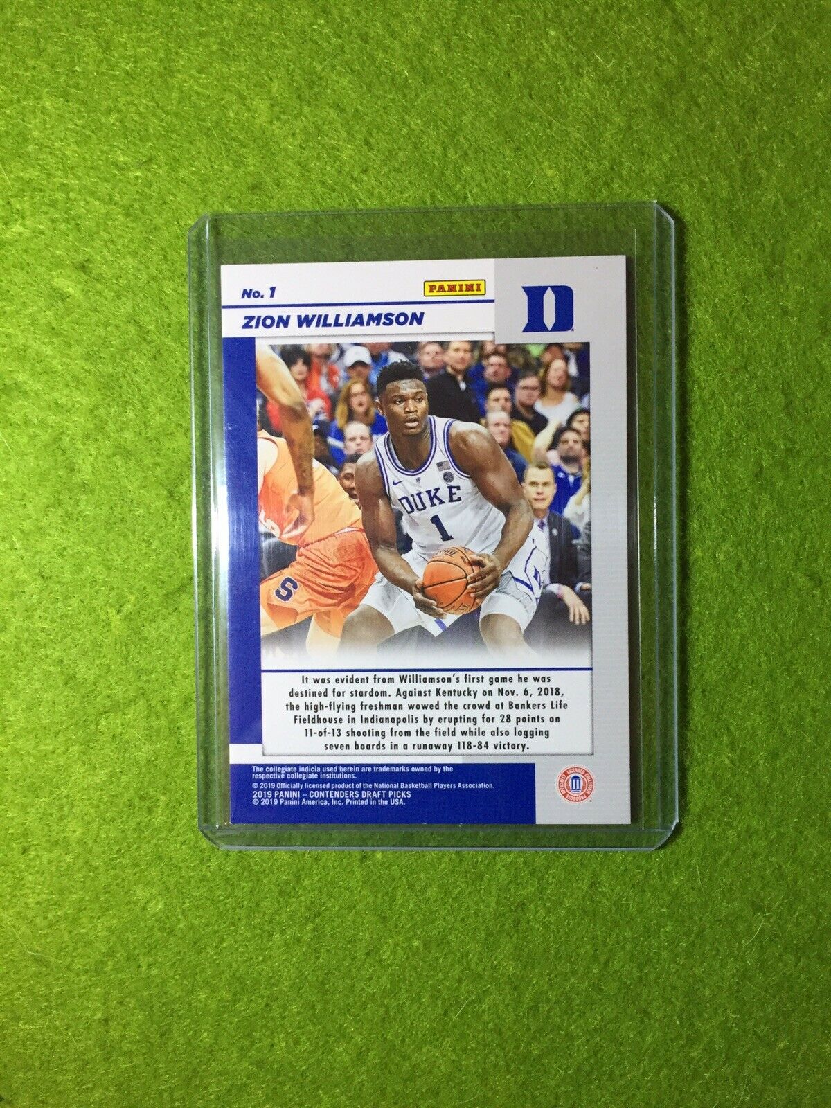 ZION WILLIAMSON ROOKIE CARD PANINI RC DUKE JERSEY #1 PELICANS 2019 Contenders rc